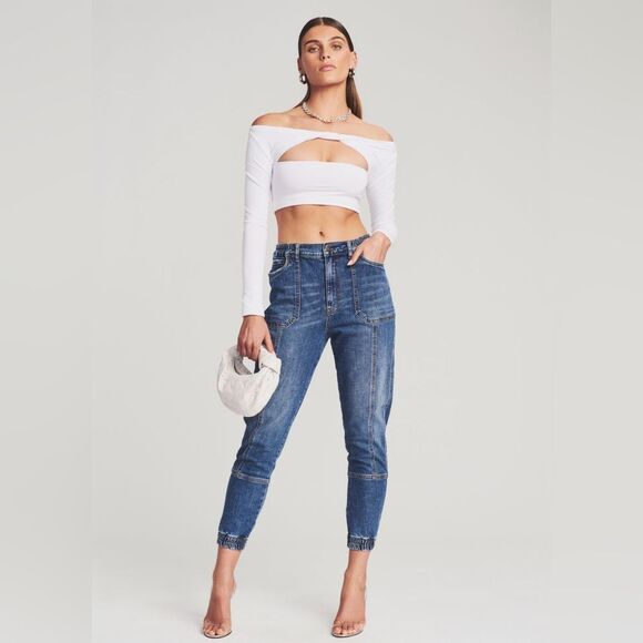 NWT Retrofête Carter Pant Jeans in Dark Bluejay Size 26 High Rise Barrel Jogger - Picture 2 of 13